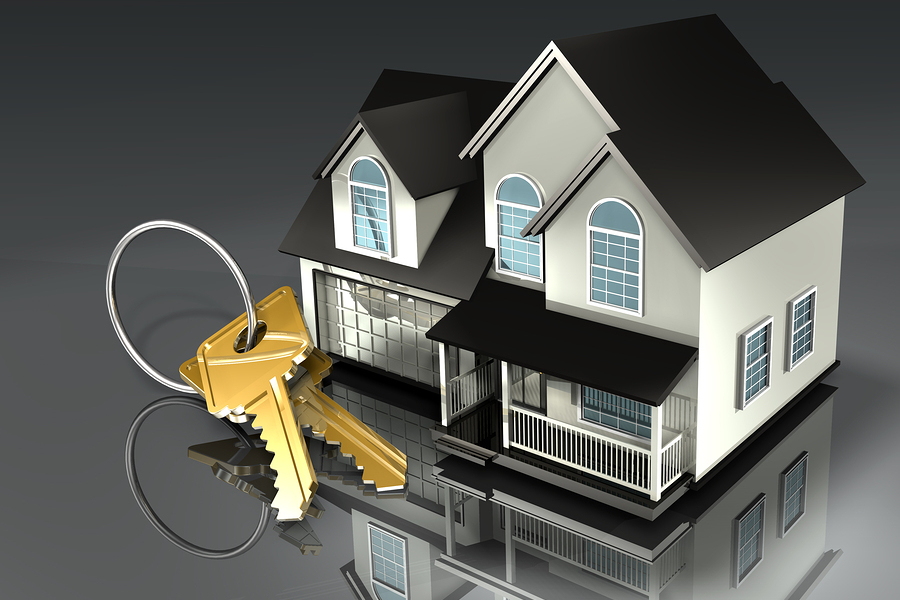 3d illustration of a house with a set of brass keys on a keyring sitting in front of it